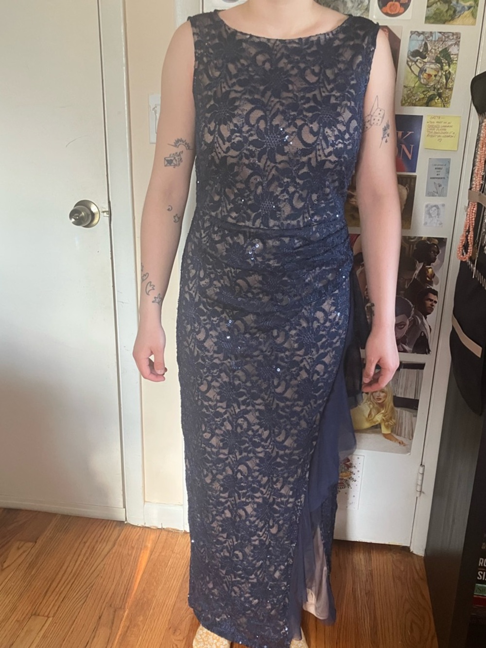 Navy Lace Evening Gown - Elegant Sleeveless Dress